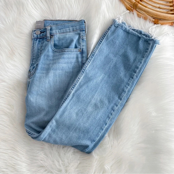 Everlane Straight Leg Denim Jeans Distressed Raw Hem Light Blue High Waisted - Picture 3 of 12